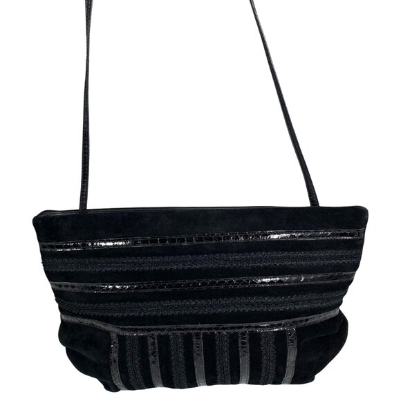 1980s PALIZZIO Black Suede Patent Snakeskin Accents Hinged Clutch Shoulder Bag - Picture 1 of 12